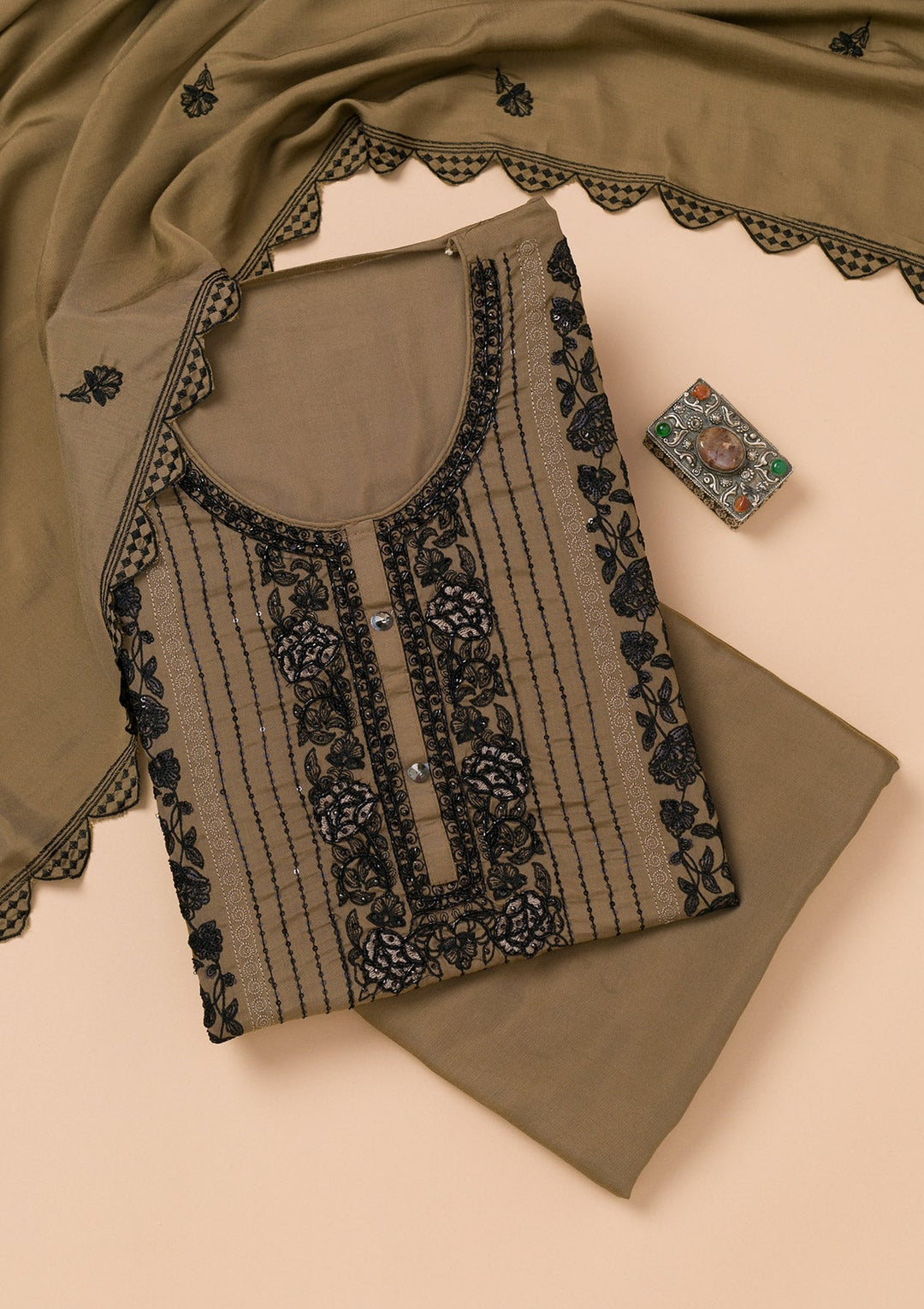 Brown Threadwork Semi Crepe Unstitched Salwar Suit-Koskii