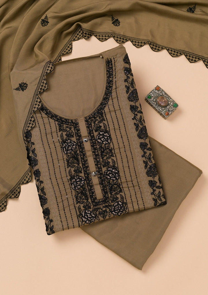 Brown Threadwork Semi Crepe Unstitched Salwar Suit-Koskii