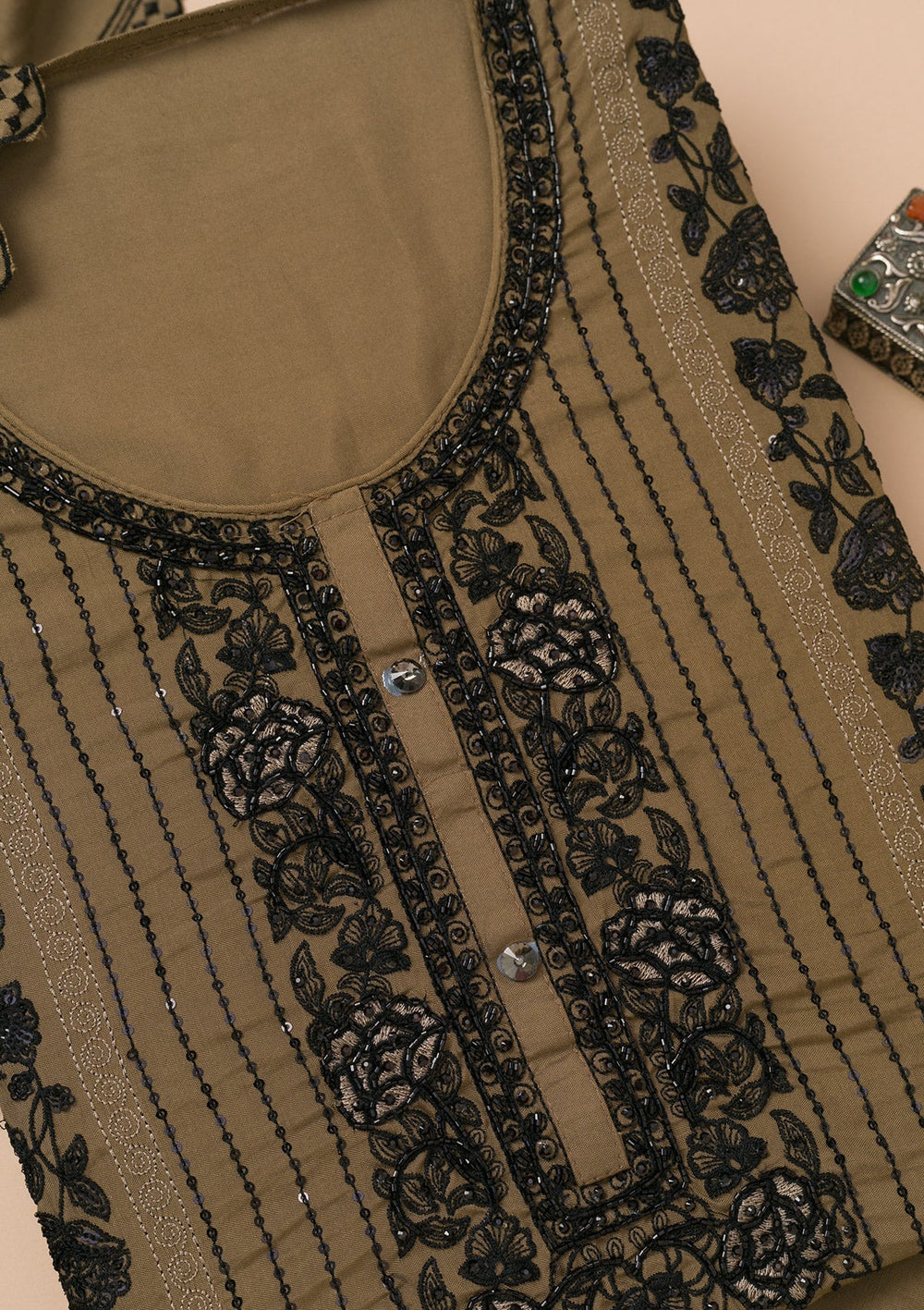 Brown Threadwork Semi Crepe Unstitched Salwar Suit-Koskii