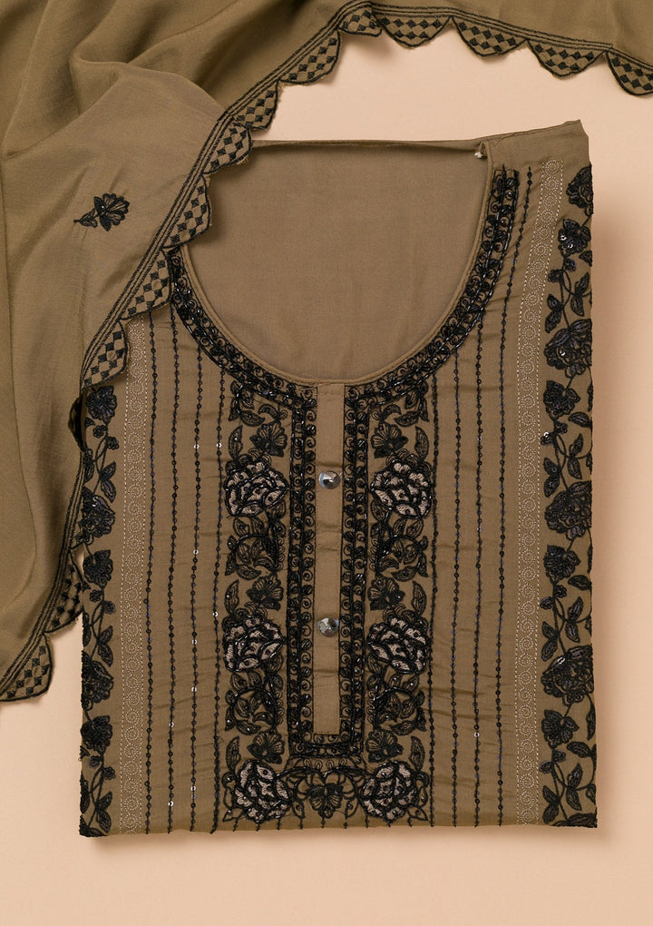 Brown Threadwork Semi Crepe Unstitched Salwar Suit-Koskii