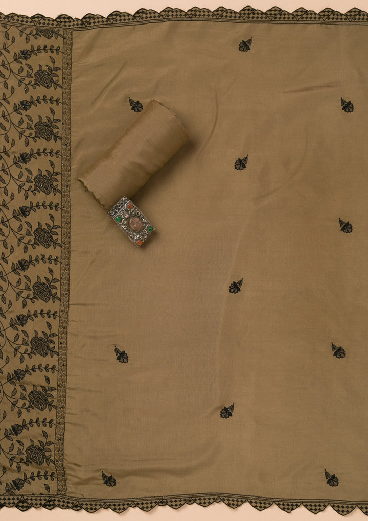 Brown Threadwork Semi Crepe Unstitched Salwar Suit-Koskii