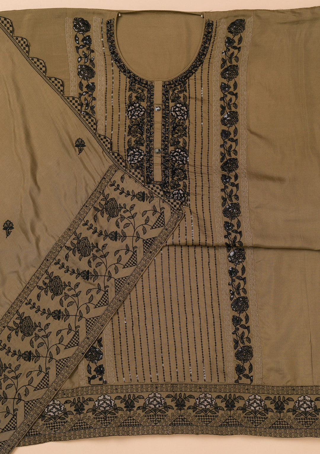 Brown Threadwork Semi Crepe Unstitched Salwar Suit-Koskii