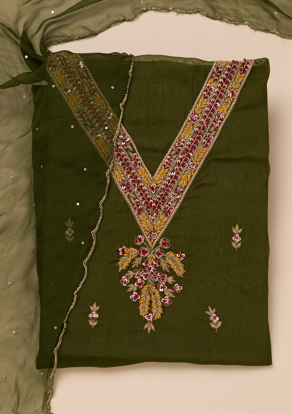 Mehendi Threadwork Tissue Unstitched Salwar Suit-Koskii
