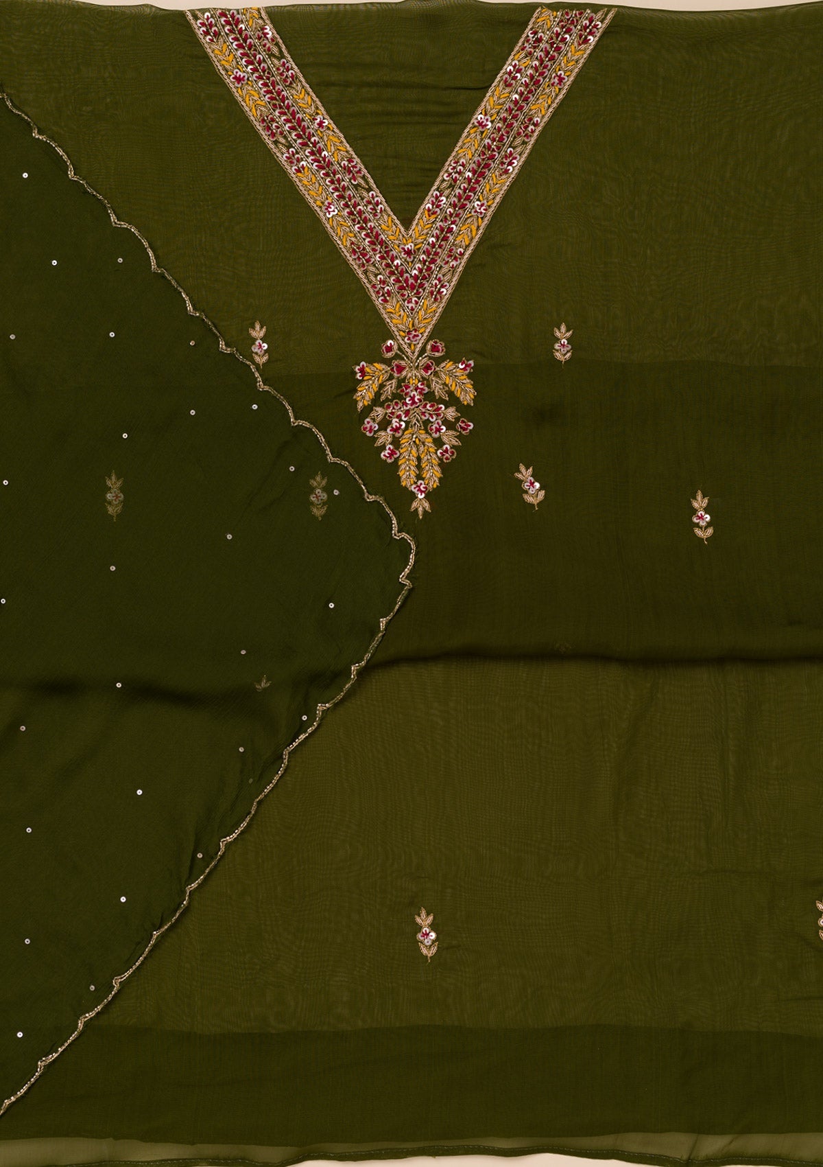 Mehendi Threadwork Tissue Unstitched Salwar Suit-Koskii