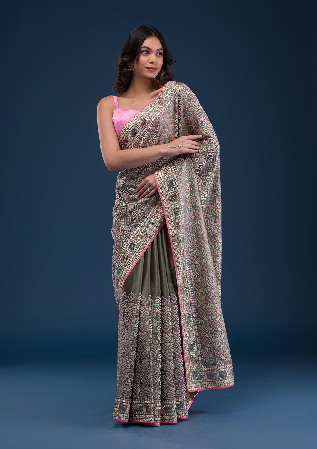 Lemon Yellow Zariwork Georgette Designer Saree-Koskii