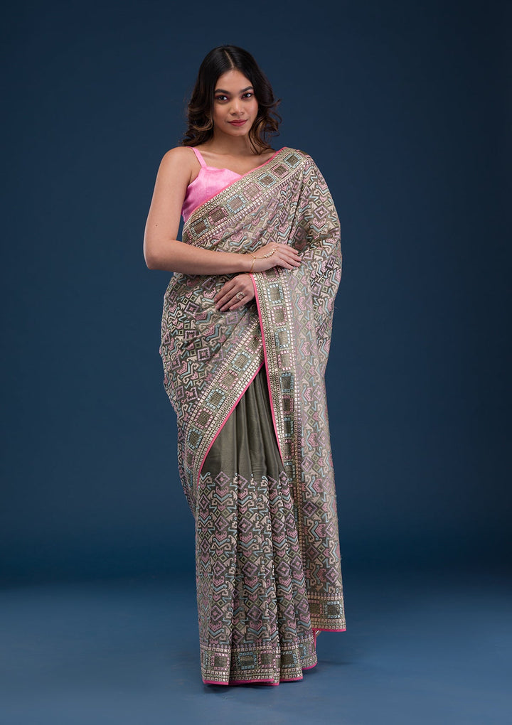Lemon Yellow Zariwork Georgette Designer Saree-Koskii