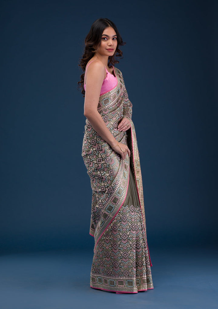 Lemon Yellow Zariwork Georgette Designer Saree-Koskii