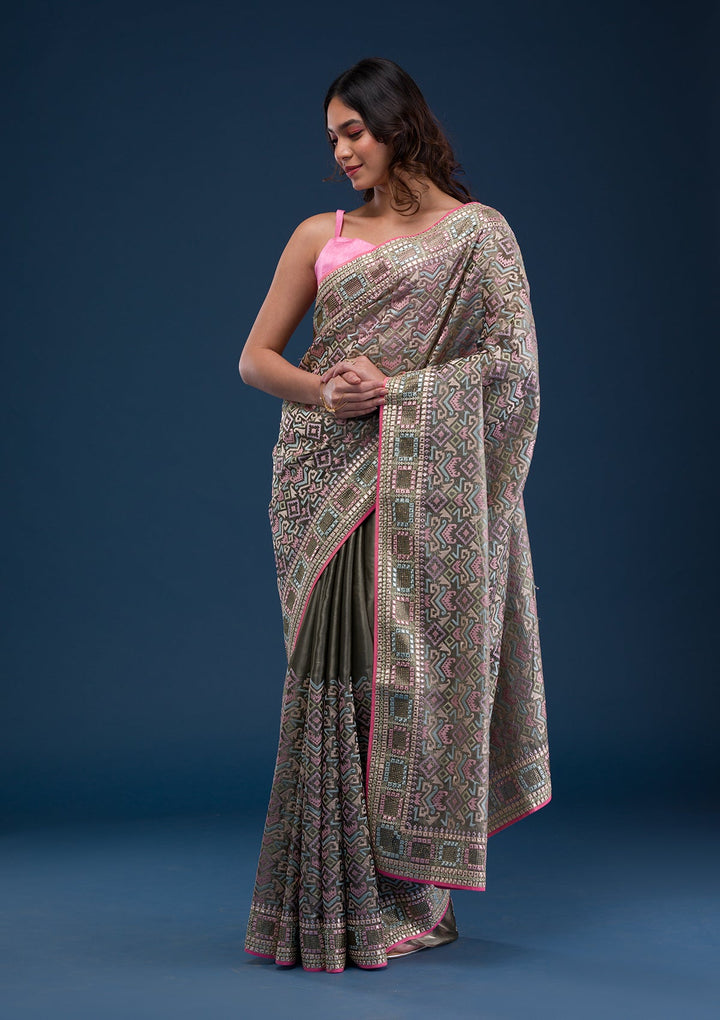 Lemon Yellow Zariwork Georgette Designer Saree-Koskii