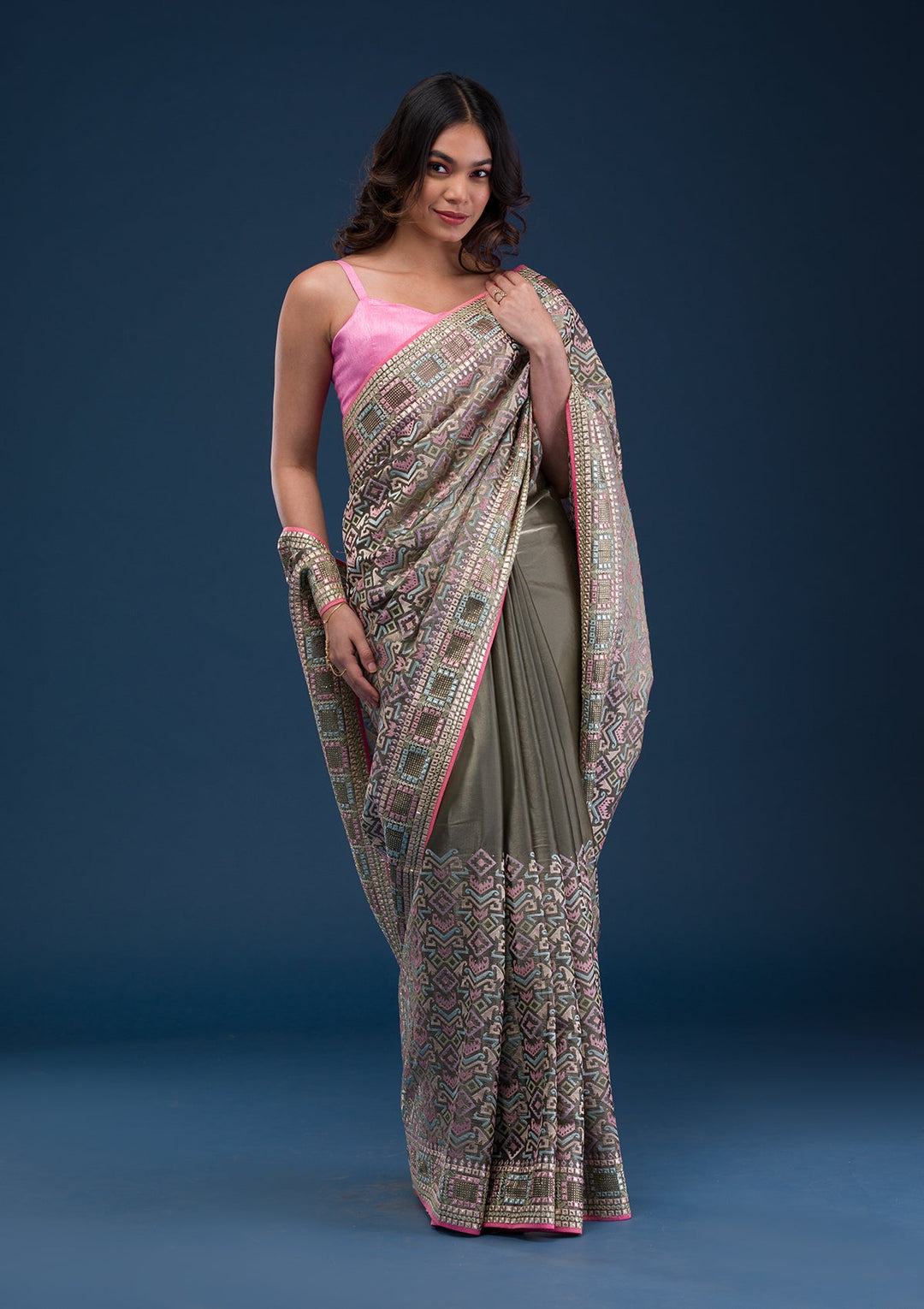 Lemon Yellow Zariwork Georgette Designer Saree-Koskii
