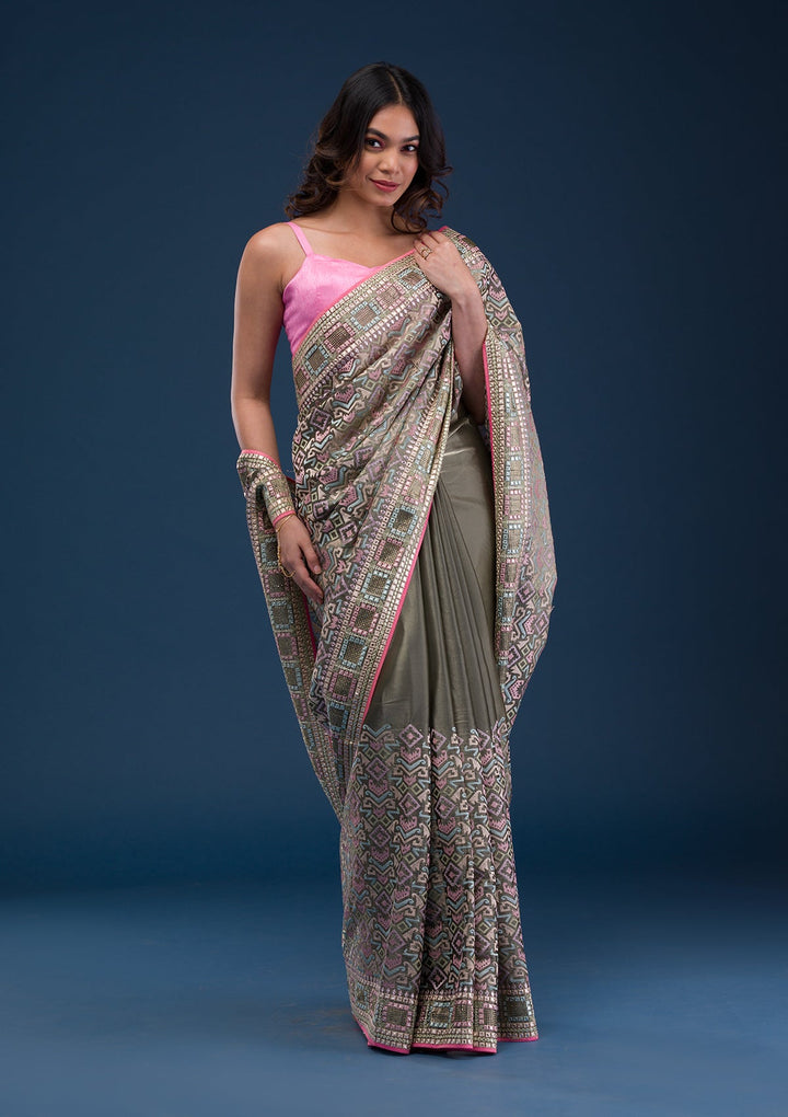 Lemon Yellow Zariwork Georgette Designer Saree-Koskii