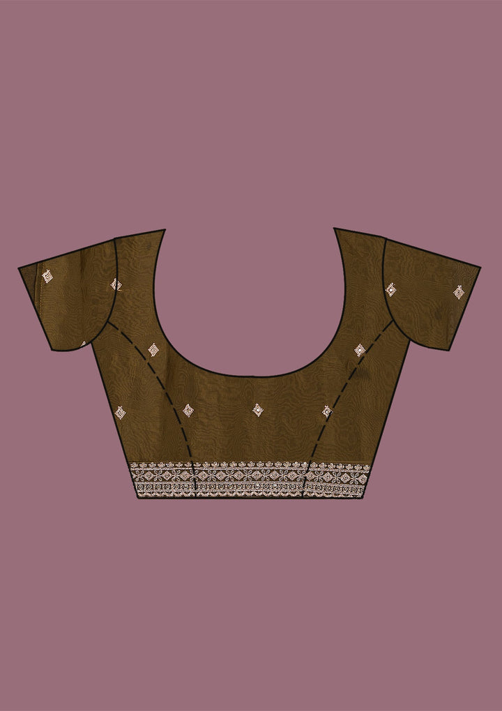 Mehendi Threadwork Tissue Saree-Koskii