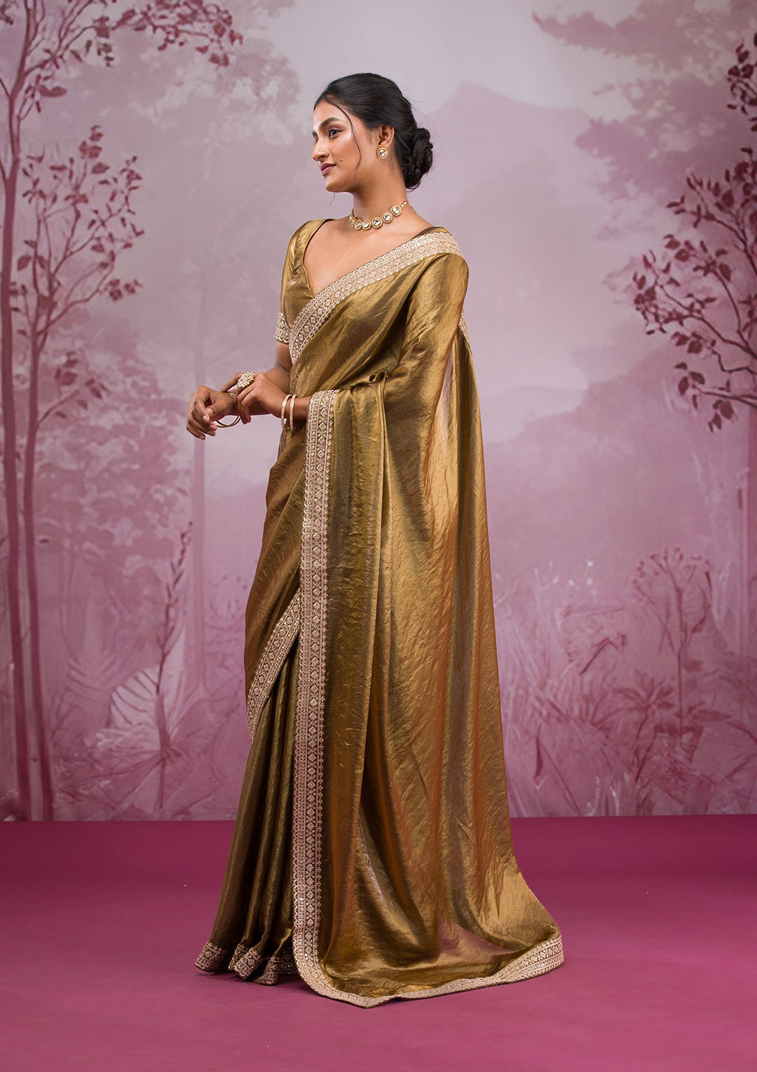 Mehendi Threadwork Tissue Saree-Koskii