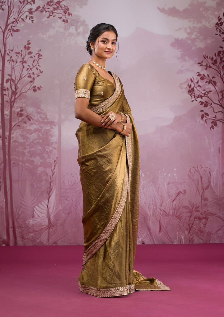 Mehendi Threadwork Tissue Saree-Koskii