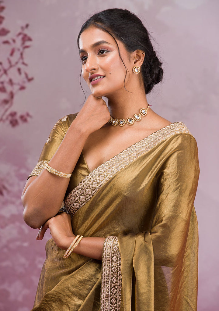 Mehendi Threadwork Tissue Saree-Koskii