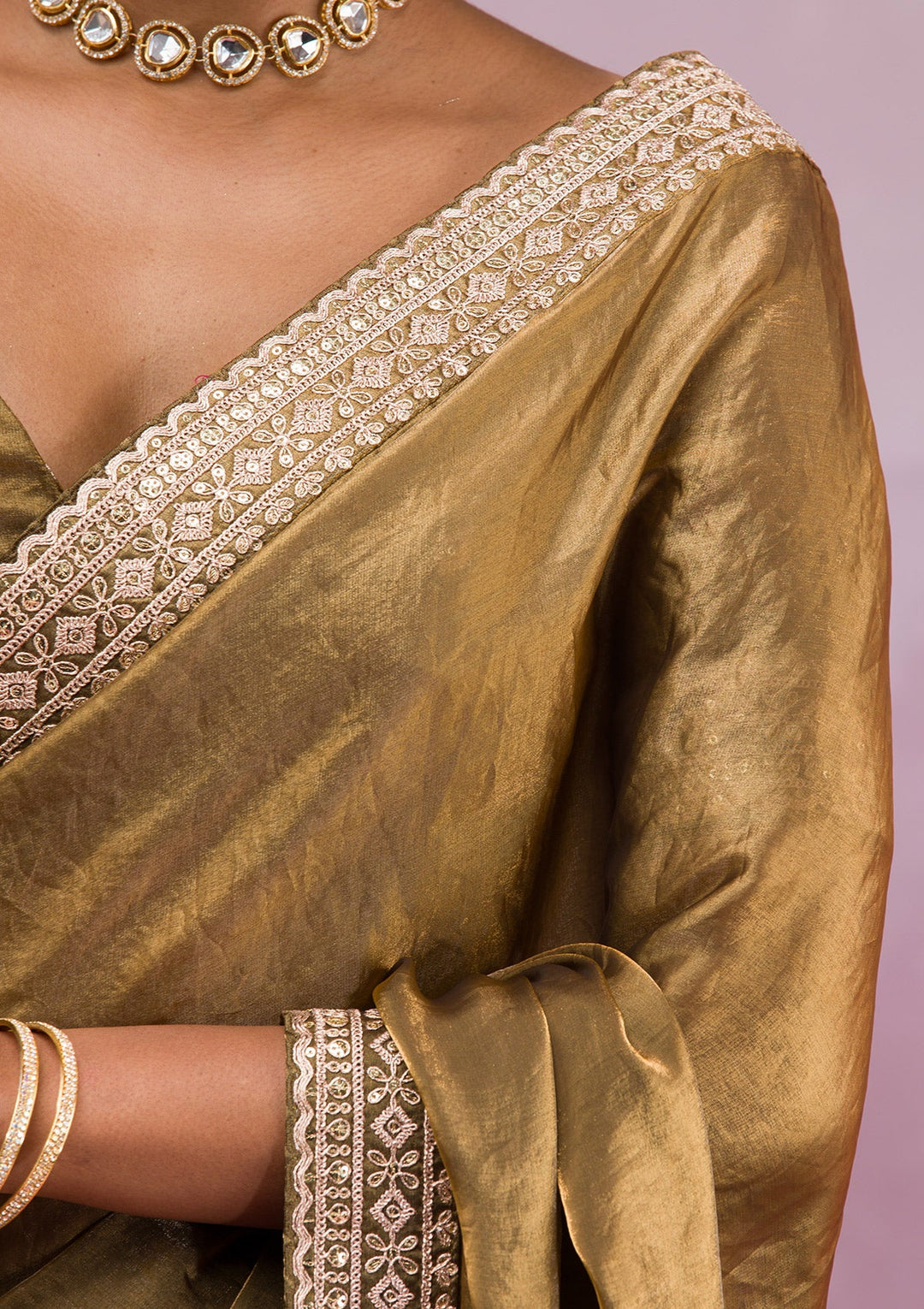 Mehendi Threadwork Tissue Saree-Koskii