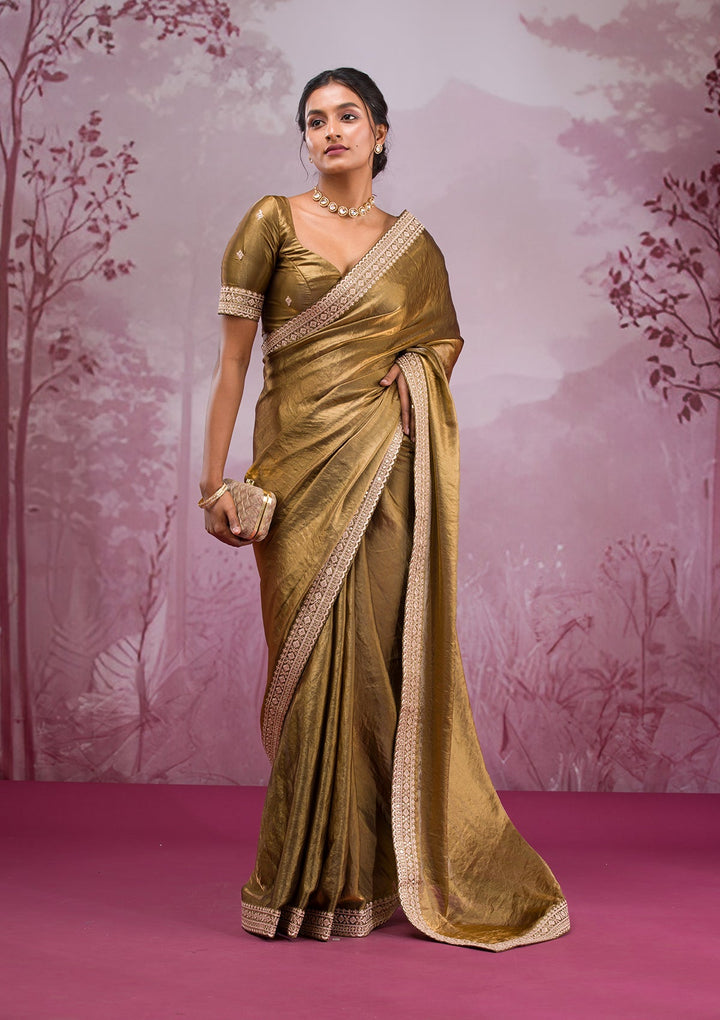 Mehendi Threadwork Tissue Saree-Koskii