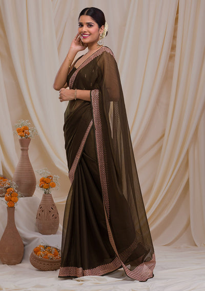 Mehendi Zardosi Semi Crepe Saree-Koskii