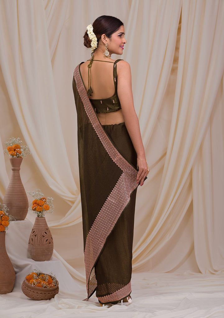 Mehendi Zardosi Semi Crepe Saree-Koskii