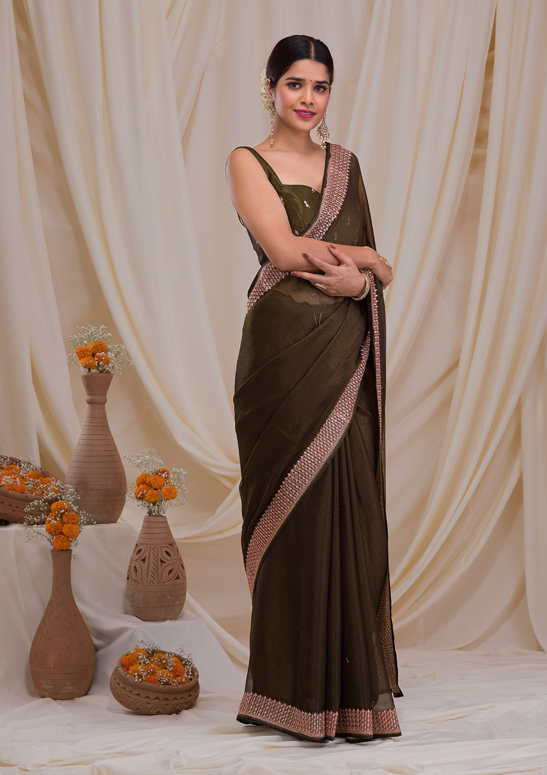 Mehendi Zardosi Semi Crepe Saree-Koskii