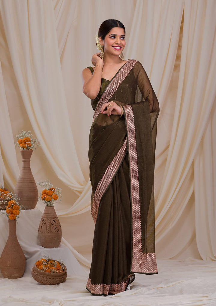 Mehendi Zardosi Semi Crepe Saree-Koskii