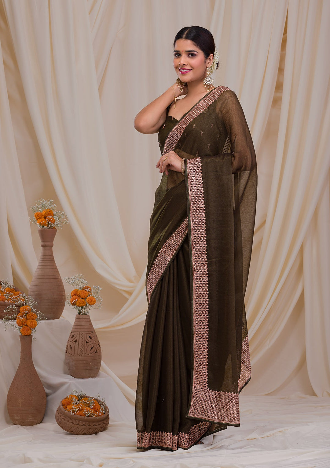 Mehendi Zardosi Semi Crepe Saree-Koskii