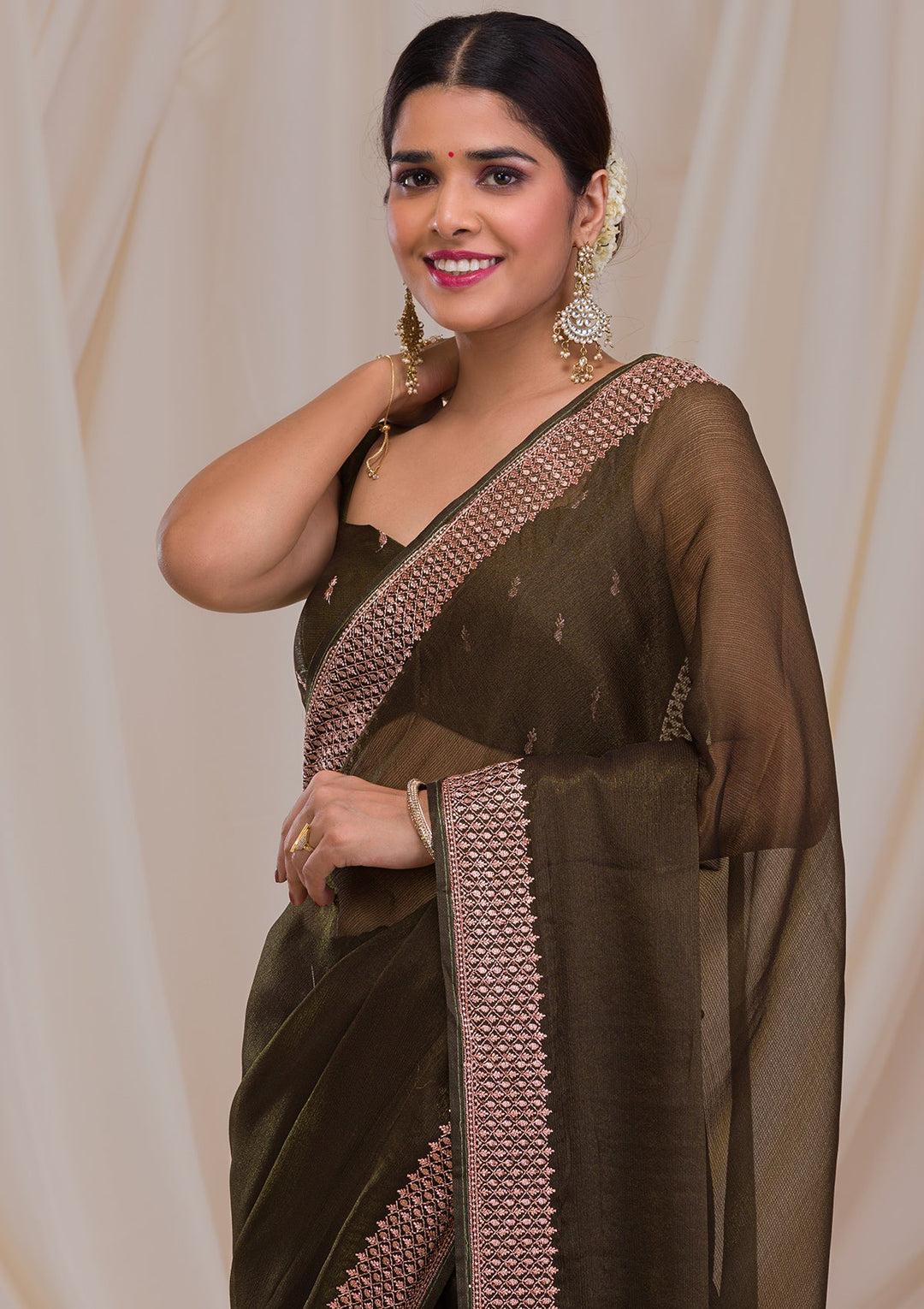 Mehendi Zardosi Semi Crepe Saree-Koskii