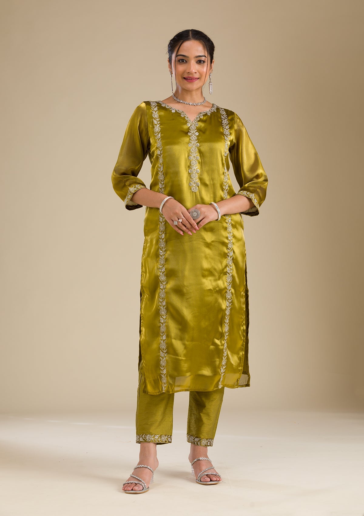 Mehendi Zariwork Crepe Readymade Salwar Suit-Koskii