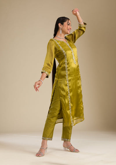 Mehendi Zariwork Crepe Readymade Salwar Suit-Koskii