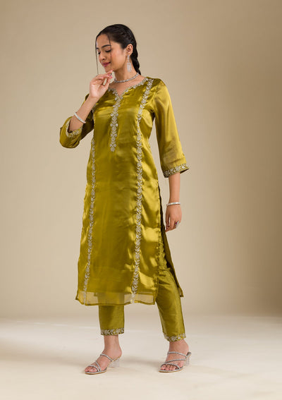 Mehendi Zariwork Crepe Readymade Salwar Suit-Koskii