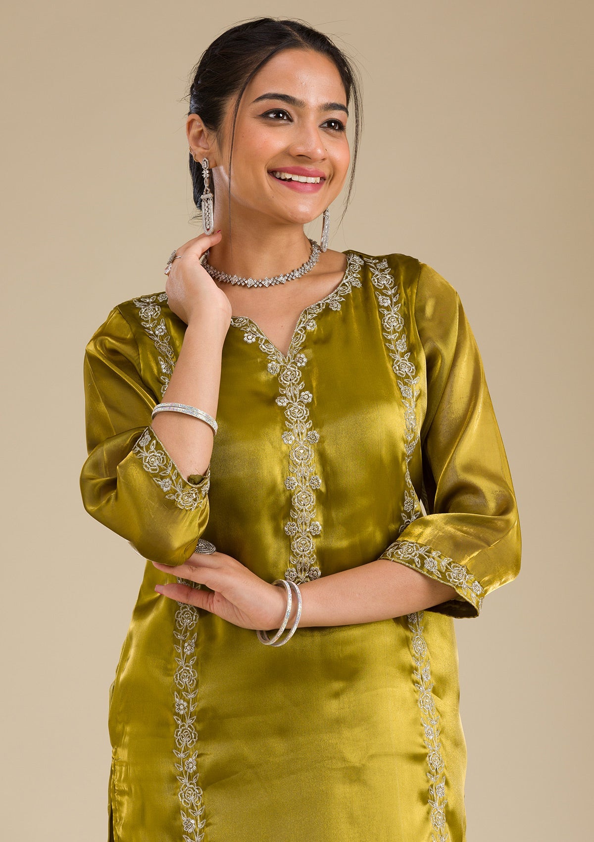 Mehendi Zariwork Crepe Readymade Salwar Suit-Koskii