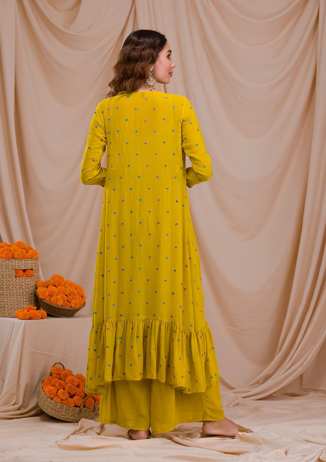 Mehendi Zariwork Georgette Readymade Salwar Suit-Koskii