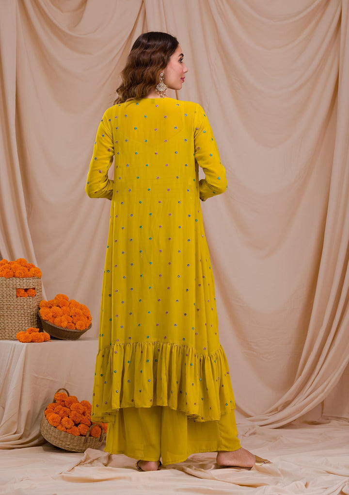 Mehendi Zariwork Georgette Readymade Salwar Suit-Koskii