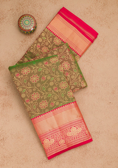 Mehendi Zariwork Pure Silk Saree-Koskii