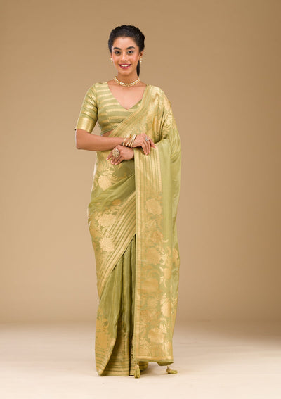 Mehendi Zariwork Raw Silk Saree-Koskii