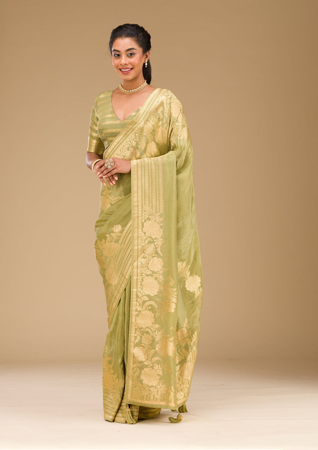 Mehendi Zariwork Raw Silk Saree-Koskii