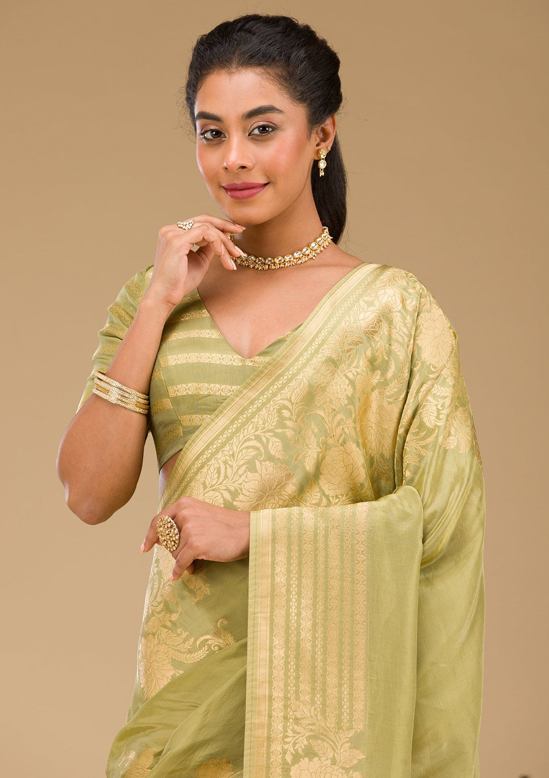 Mehendi Zariwork Raw Silk Saree-Koskii