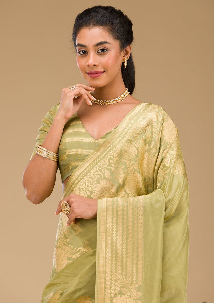 Mehendi Zariwork Raw Silk Saree-Koskii
