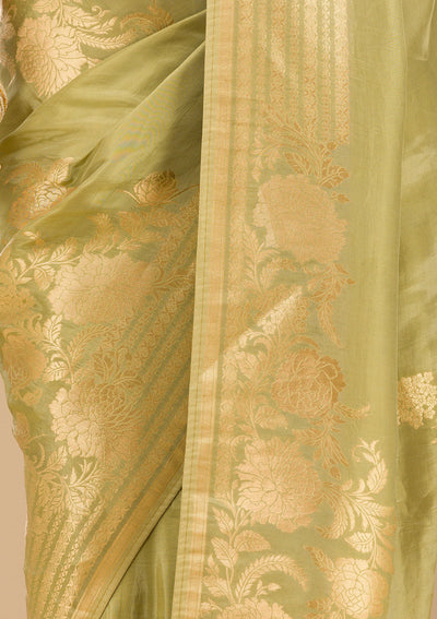 Mehendi Zariwork Raw Silk Saree-Koskii