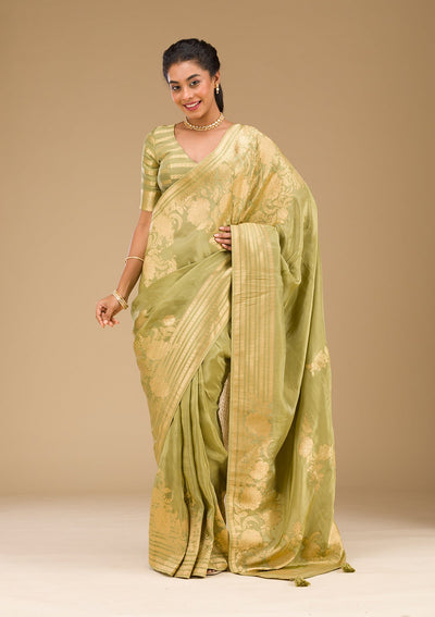 Mehendi Zariwork Raw Silk Saree-Koskii