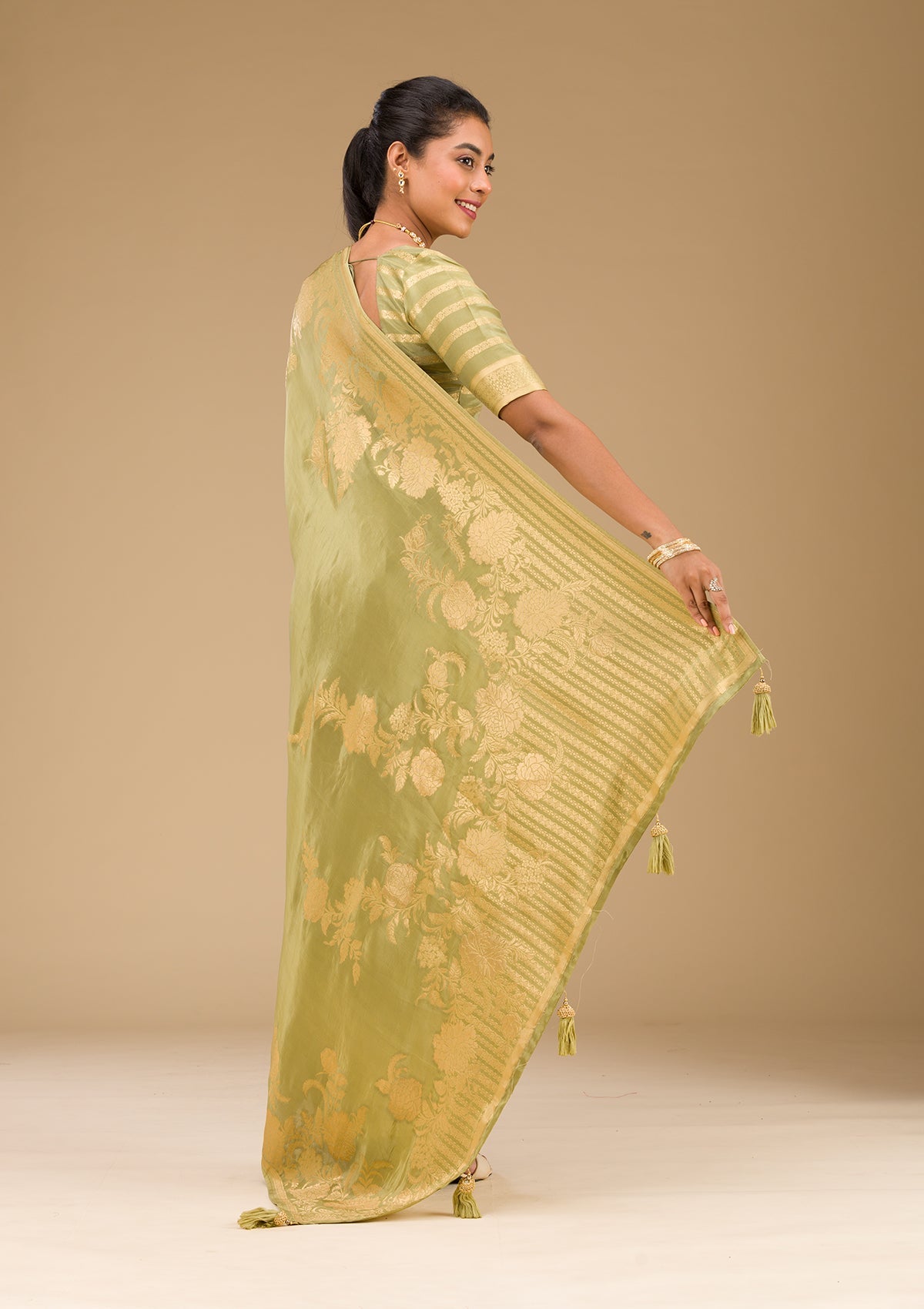 Mehendi Zariwork Raw Silk Saree-Koskii