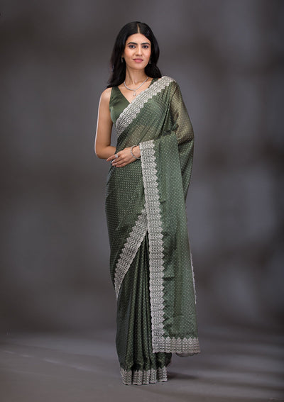 Mehendi Zariwork Satin Saree-Koskii