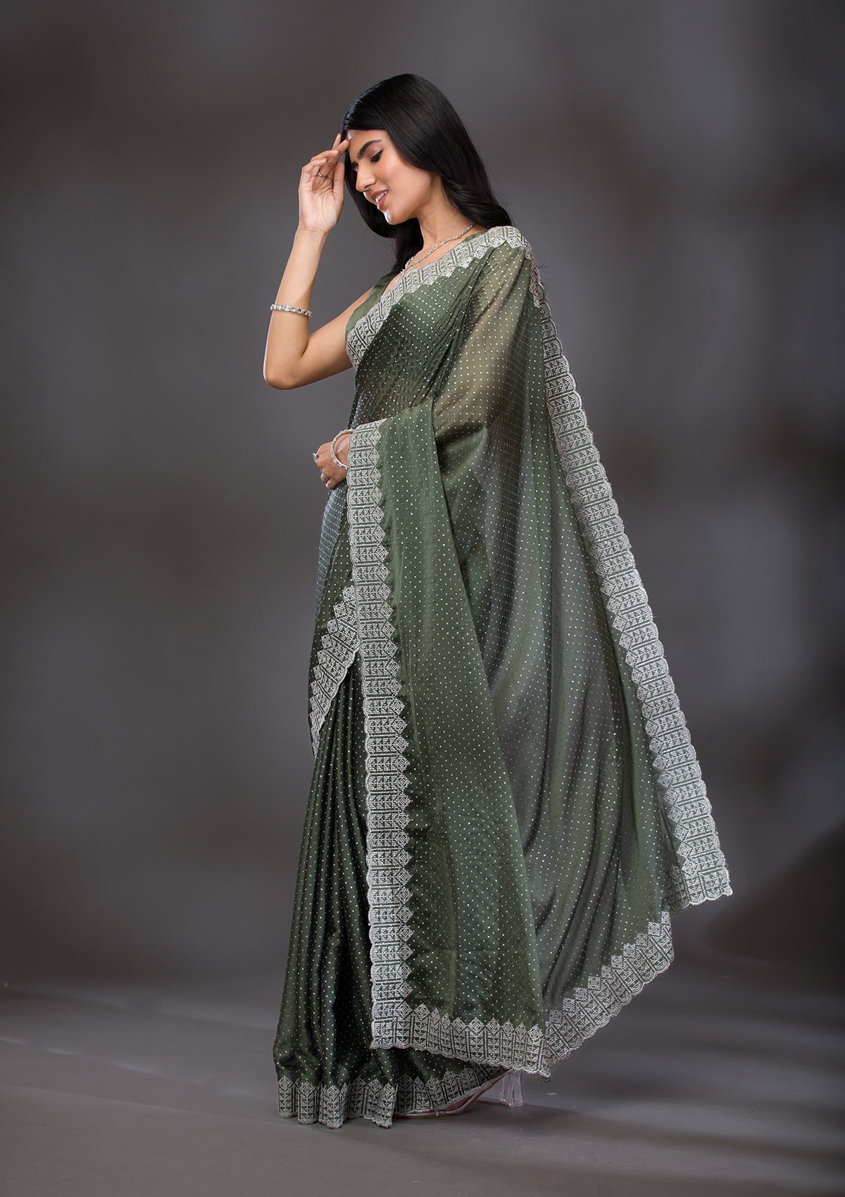 Mehendi Zariwork Satin Saree-Koskii