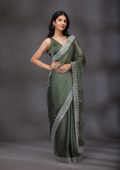 Mehendi Zariwork Satin Saree-Koskii