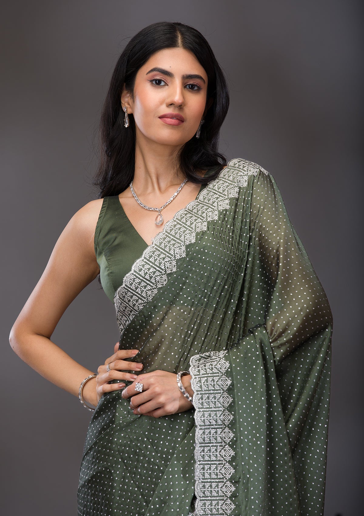 Mehendi Zariwork Satin Saree-Koskii