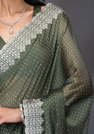 Mehendi Zariwork Satin Saree-Koskii