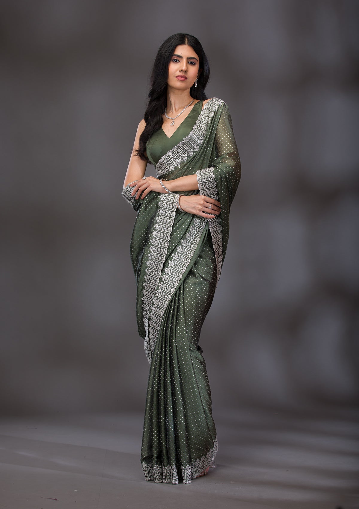 Mehendi Zariwork Satin Saree-Koskii