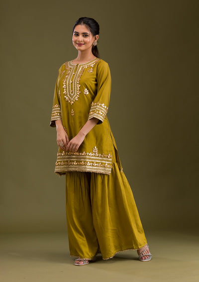 Mehendi Zariwork Semi Crepe Readymade Salwar Suit-Koskii