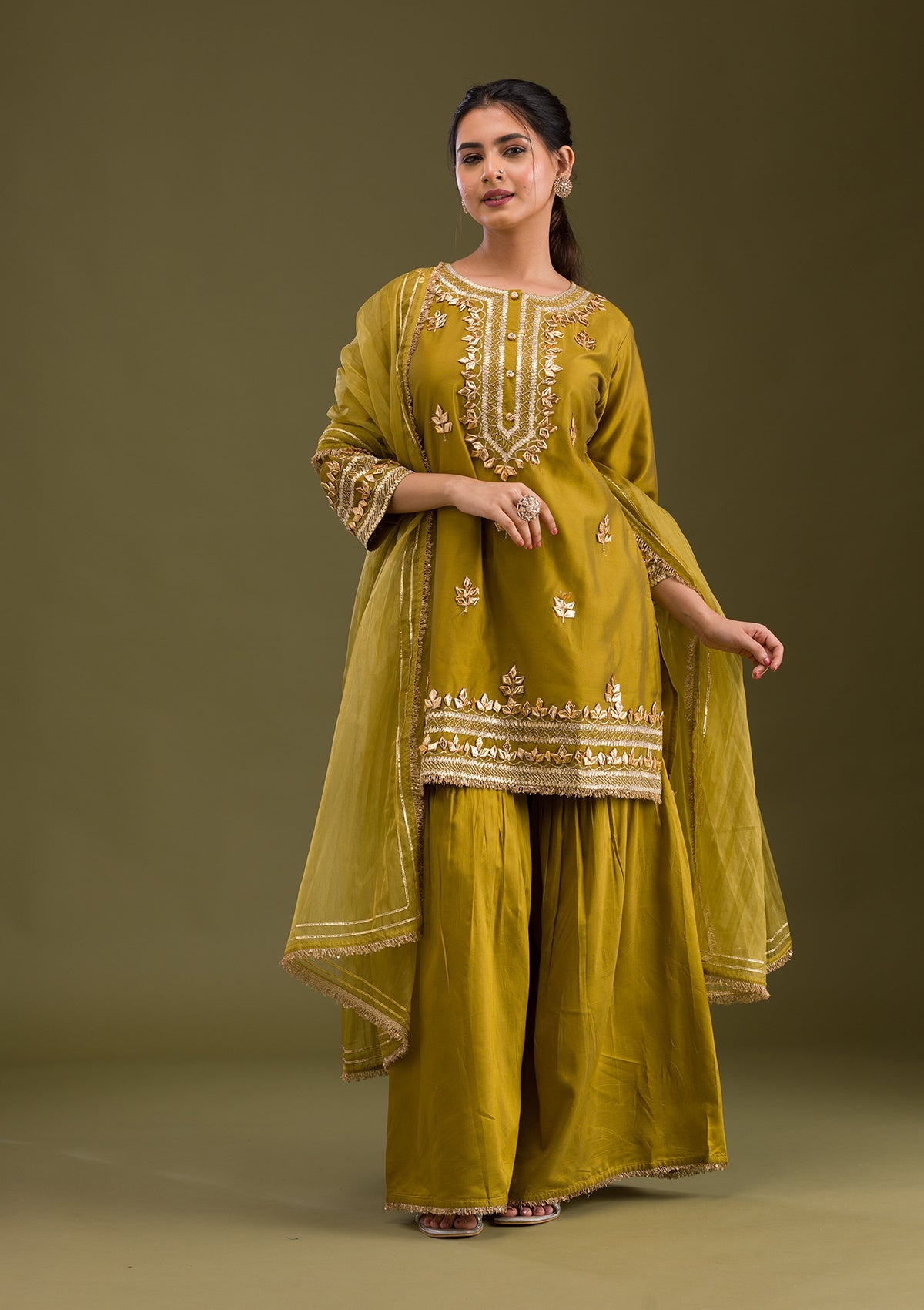 Mehendi Zariwork Semi Crepe Readymade Salwar Suit-Koskii