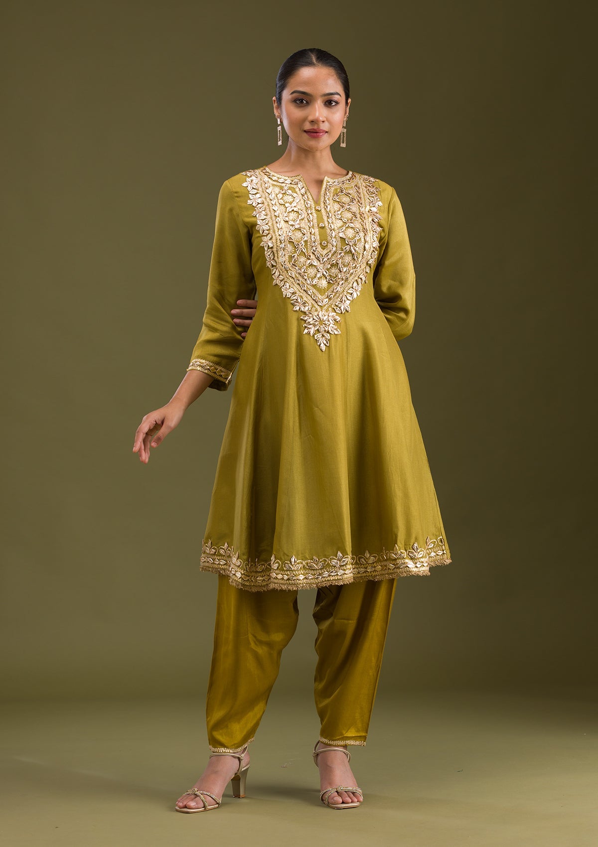 Mehendi Zariwork Semi Crepe Readymade Salwar Suit-Koskii