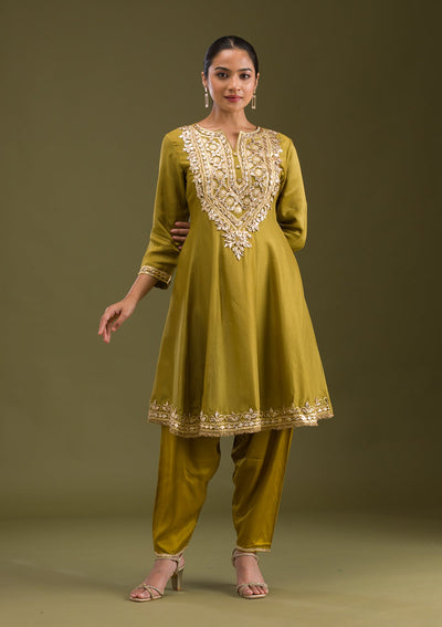 Mehendi Zariwork Semi Crepe Readymade Salwar Suit-Koskii